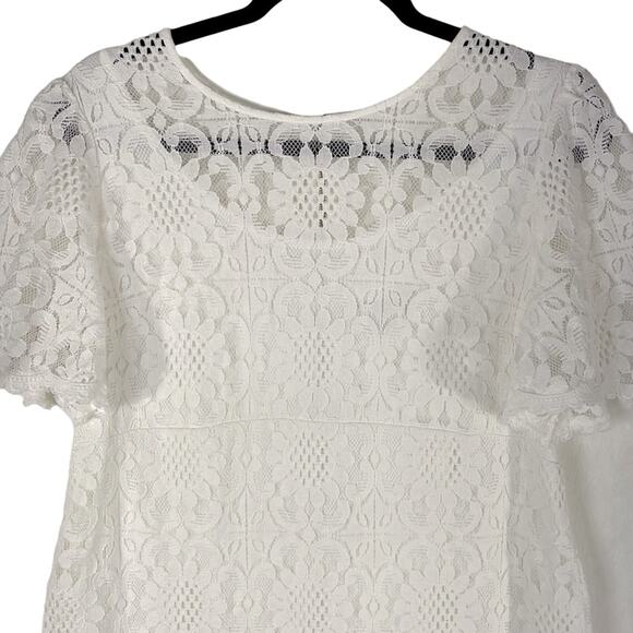 Womens DB Floral Lace Shift Dress Zip Up Lined White Sweet Flared Short Slv  12 - Picture 13 of 13